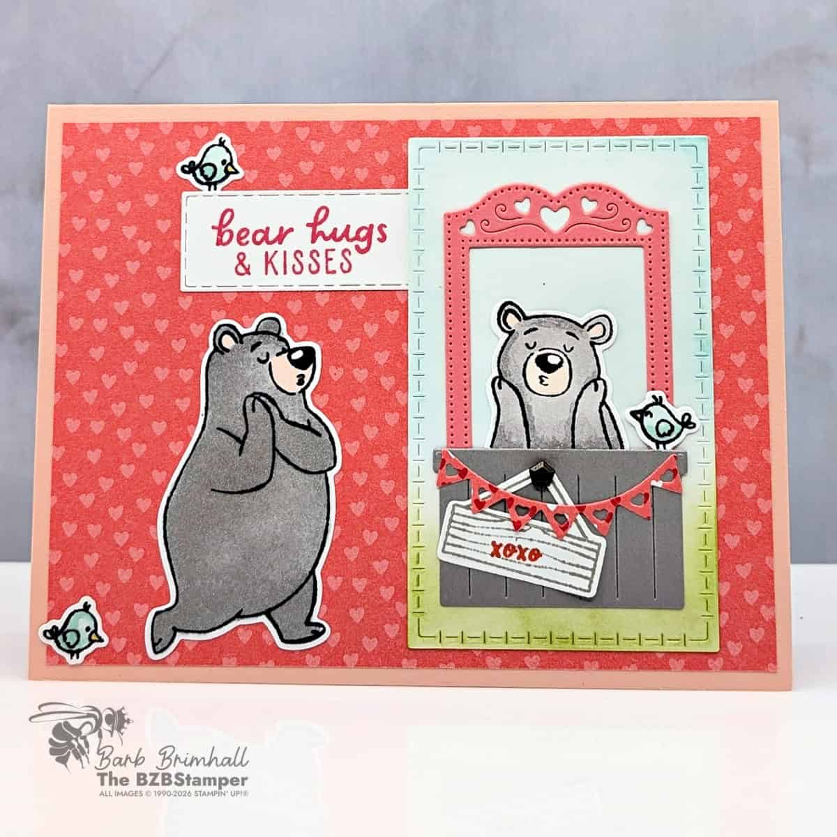 Adorable bear-themed handmade card for hugs and kisses, perfect for heartfelt sentiments.