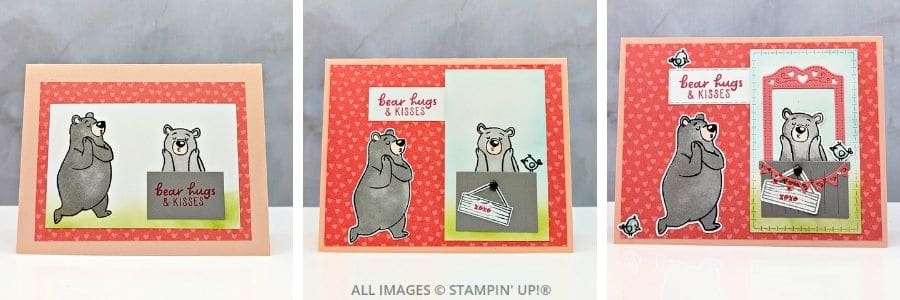 3 Cards using the Valentine Kisses Bundle featuring handmade cards with soft pink layers, a heart-patterned background, gray bears, and a &ldquo;bear hugs & kisses&rdquo; sentiment with gentle blended grass and sky.
