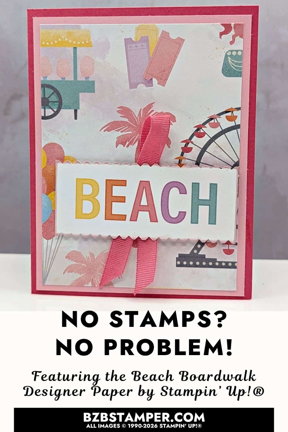 Coffee and a Card with the Beach Boardwalk Paper 4 Coffee and a Card with the Beach Boardwalk Paper featuring s handmade card with a bright pink base, layered pastel beach-themed patterned paper, a white scalloped label with the word “BEACH,” and a pink ribbon accent.