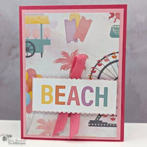 Bright colorful beach-themed greeting card featuring a vibrant "BEACH" headline with decorative ribbons and fun summer icons.