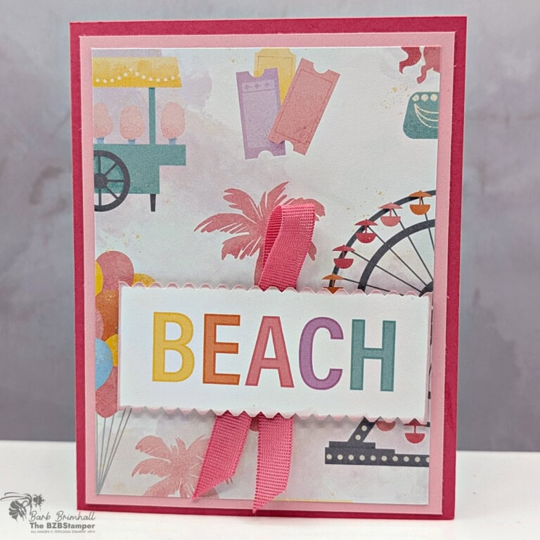 Bright colorful beach-themed greeting card featuring a vibrant "BEACH" headline with decorative ribbons and fun summer icons.