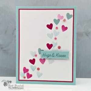 Colorful Valentine's Day card with hearts and "Hugs & Kisses" message, created by Barb Brimhall, The BZBStamper.