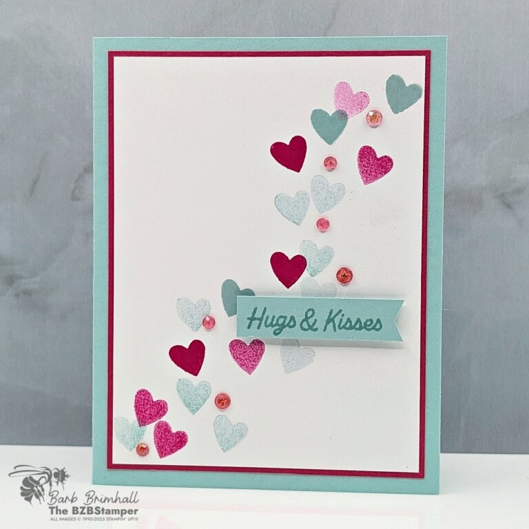 Colorful Valentine's Day card with hearts and "Hugs & Kisses" message, created by Barb Brimhall, The BZBStamper.