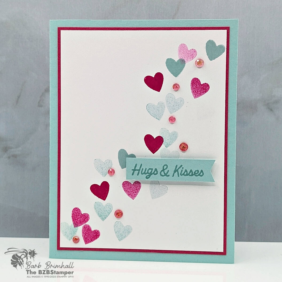 Colorful Valentine's Day card with hearts and "Hugs & Kisses" message, created by Barb Brimhall, The BZBStamper.