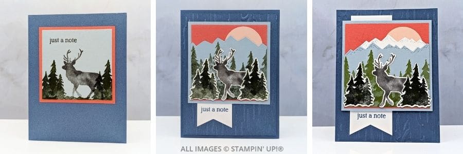 3 Cards using the Outdoor Adventures Bundle featuring 3 handmade cards with a deer in a forest scene, layered mountains, evergreen trees, a soft blue sky, and a simple &ldquo;just a note&rdquo; sentiment.