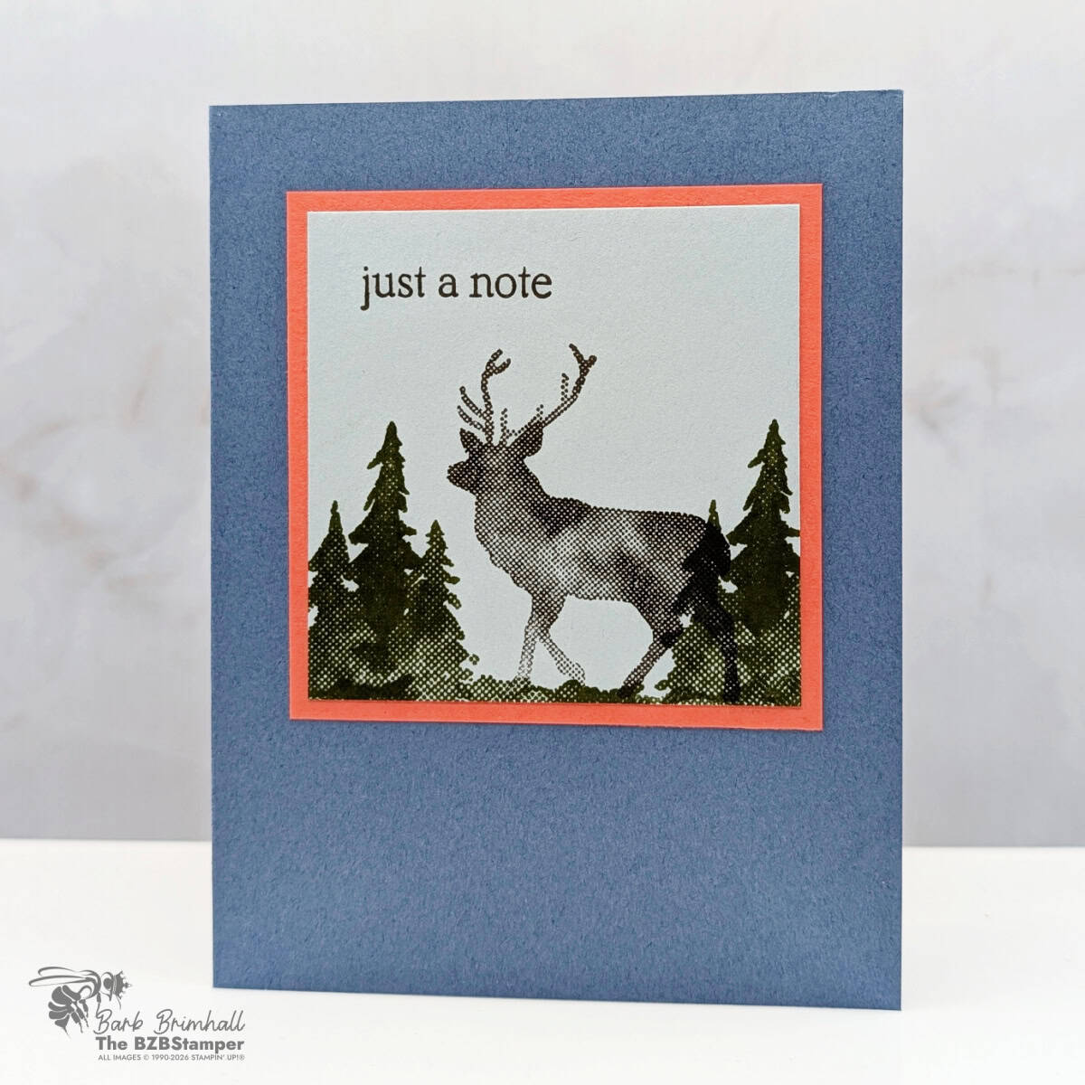 1. Deer-themed handmade greeting card with "just a note" message and forest illustration.
