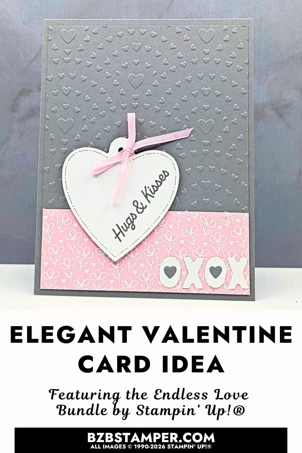 Heart-shaped Valentine card with "Hugs & Kisses" message, pink ribbon, and decorative pink and gray background.