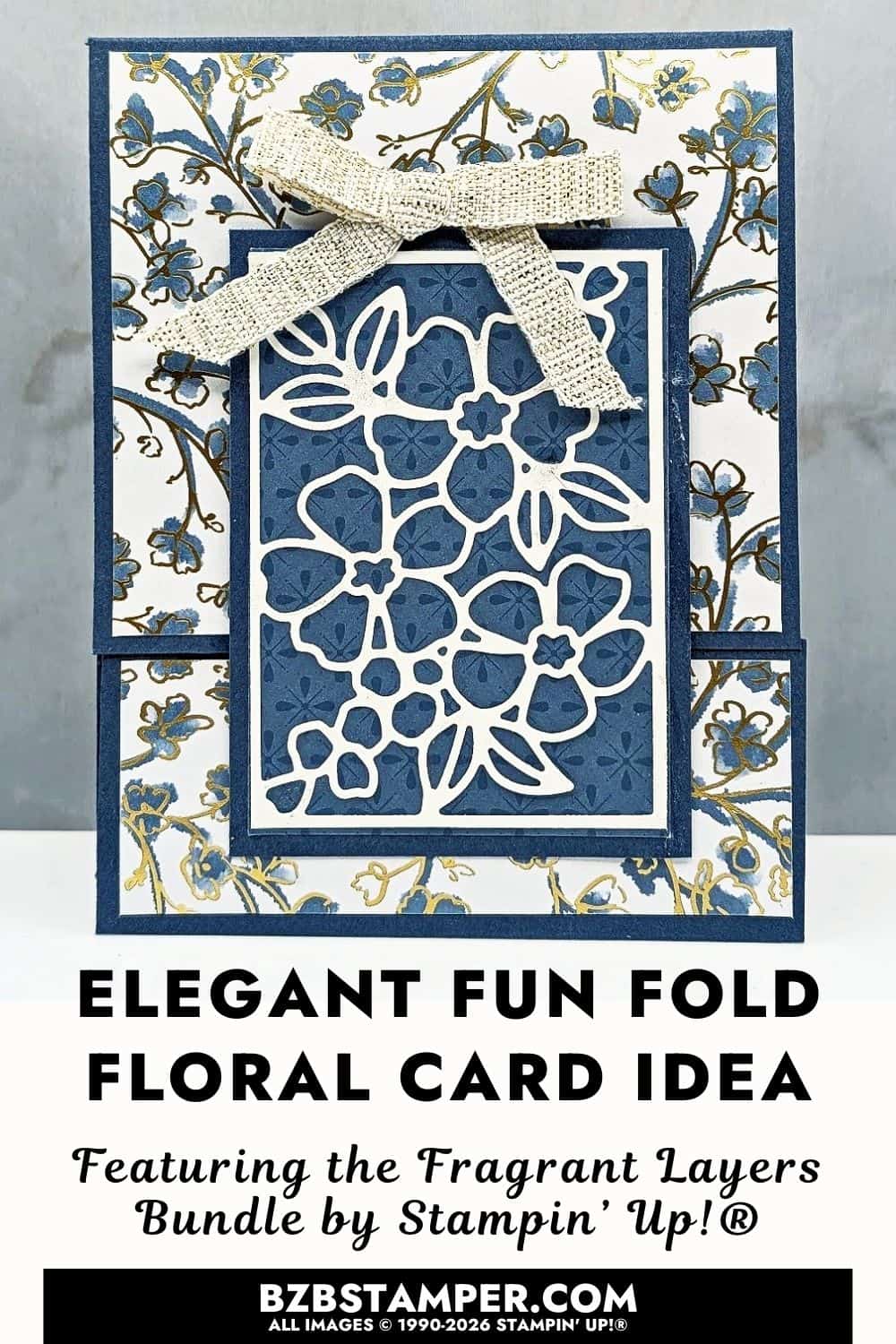 Coffee and a Floral Fun Fold Card featuring dark blue and greens with layered floral designs, gold foil accents, and a white ribbon bow on the card front.