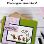 Colorful handmade spring greeting card with floral and ant design, perfect for sharing joy.