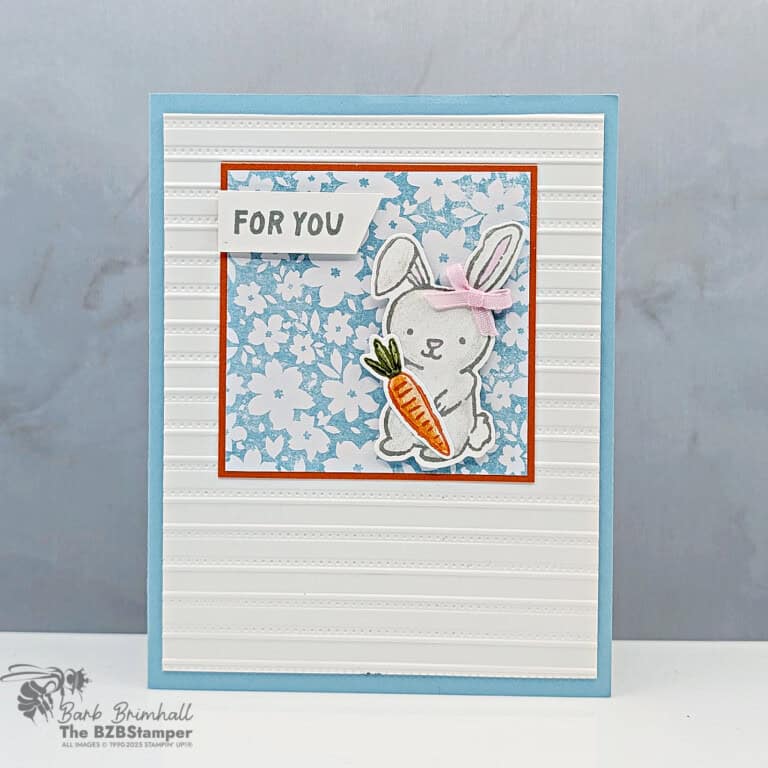 Cute bunny Easter card with carrot, pink bow, "For You" sentiment, floral background, handmade stamping design.