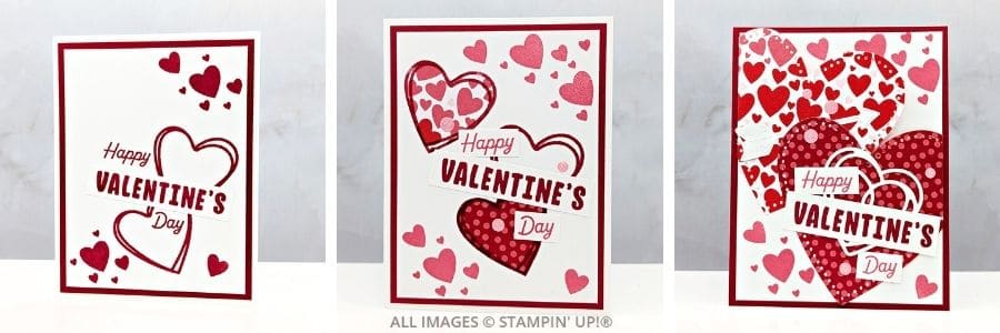 3 Cards using the Endless Love Bundle with layered heart designs in red and pink tones, a bold Valentine sentiment, and a clean white background.