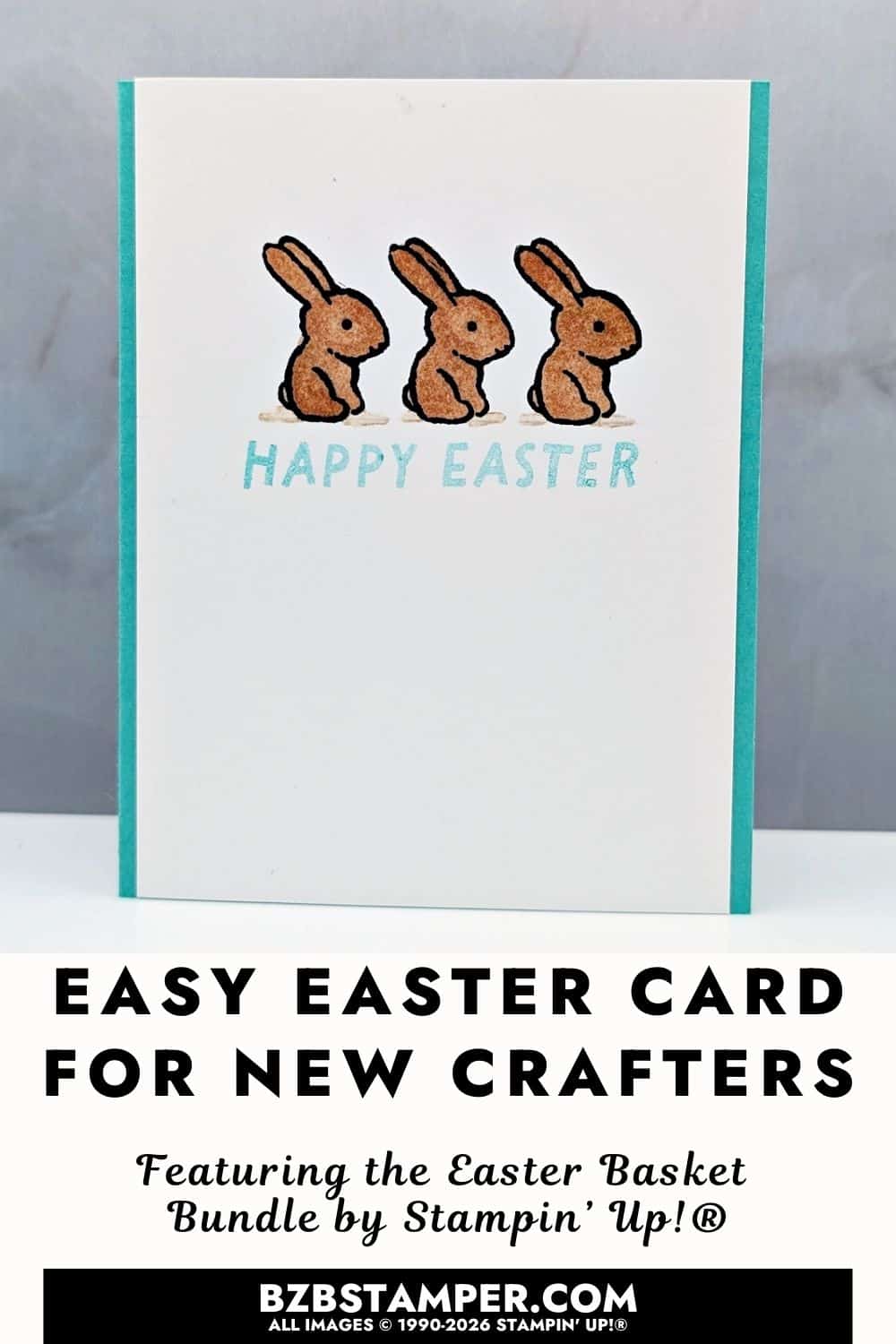 Beginner Easter Card Using Stampin' Blends featuring a  white front panel and a soft aqua blue border. Three small brown bunnies are stamped in a row near the top of the card, with a light aqua sentiment underneath. The design is clean and minimal, creating a calm and cheerful springtime feel.