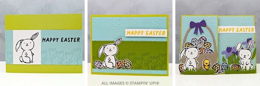 3 Cards using the Easter Basket Bundle featuring a soft embossed background made using an all-over texture pattern. The card features layered die-cut images including a bunny, Easter eggs, flowers, and spring elements arranged in a dimensional scene. The images are colored with blended marker shading for depth and softness. The design includes multiple layers, raised elements, and detailed die-cut shapes, creating a rich, tactile card with a cheerful spring and Easter theme.
