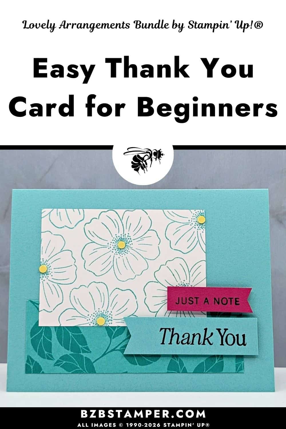 This Lovely Arrangements Easy Thank You Card features a soft blue base and layered rectangular panels. The top panel is white with teal floral outlines and small yellow dots in the flower centers. A darker blue leafy strip runs along the bottom. Two sentiment banners overlap, one pink and one light blue, creating a calm, cheerful feel.