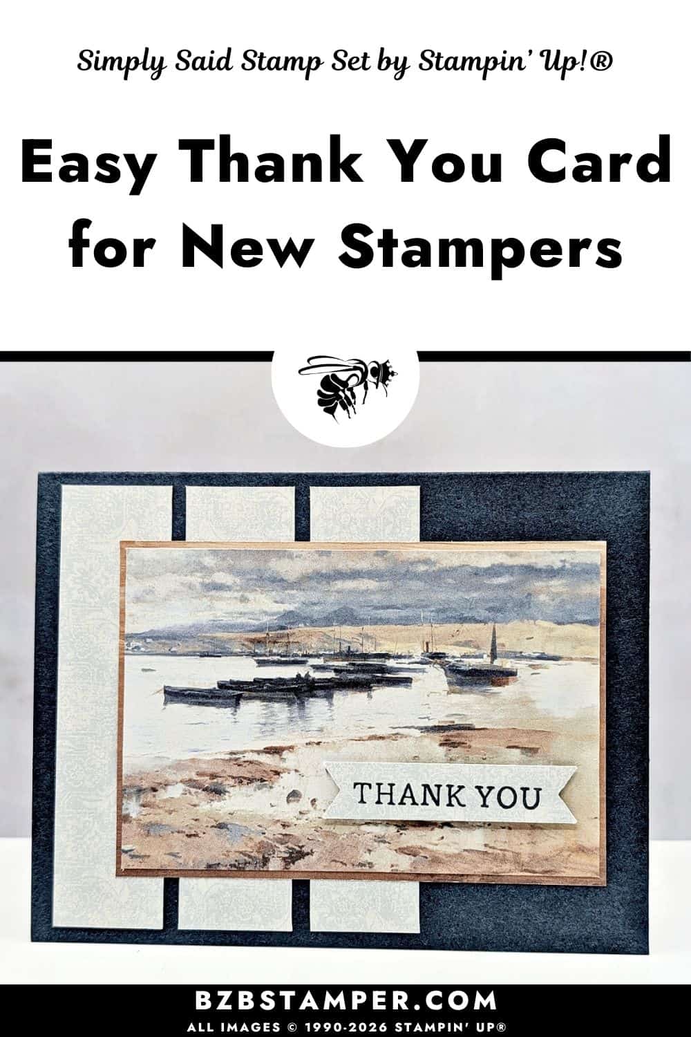 Coffee and a Card with an Easy Card Sketch featuring a handmade thank you card featuring Beautiful Gallery Designer Series Paper with a scenic waterfront design, layered panels, and a simple sentiment on a dark navy blue card base.