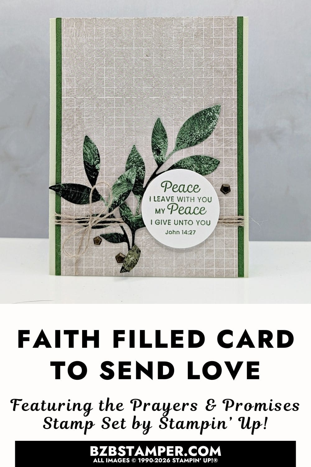 Prayers and Promises Handmade Sympathy Card features a soft neutral background with subtle grid texture, layered green leaf shapes, and a white circular sentiment. Linen thread wraps across the card, accented with small bronze hexagon embellishments for a calm, comforting feel.