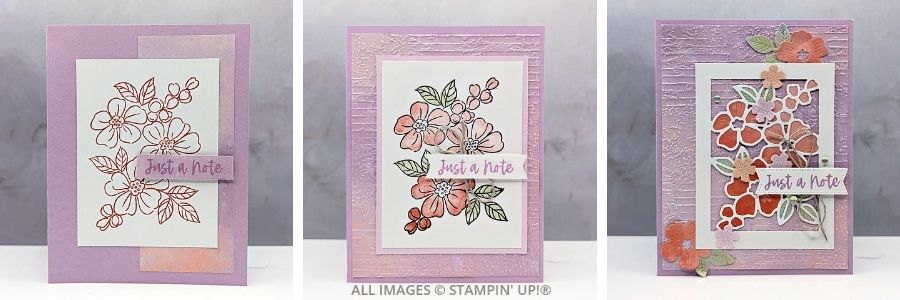 3 Cards using the Fragrant Layers Bundle features three handmade floral cards in Fresh Freesia, Calypso Coral, and Soft Sea Foam, progressing from a simple stamped design to a layered die-cut floral frame with sparkle and texture.