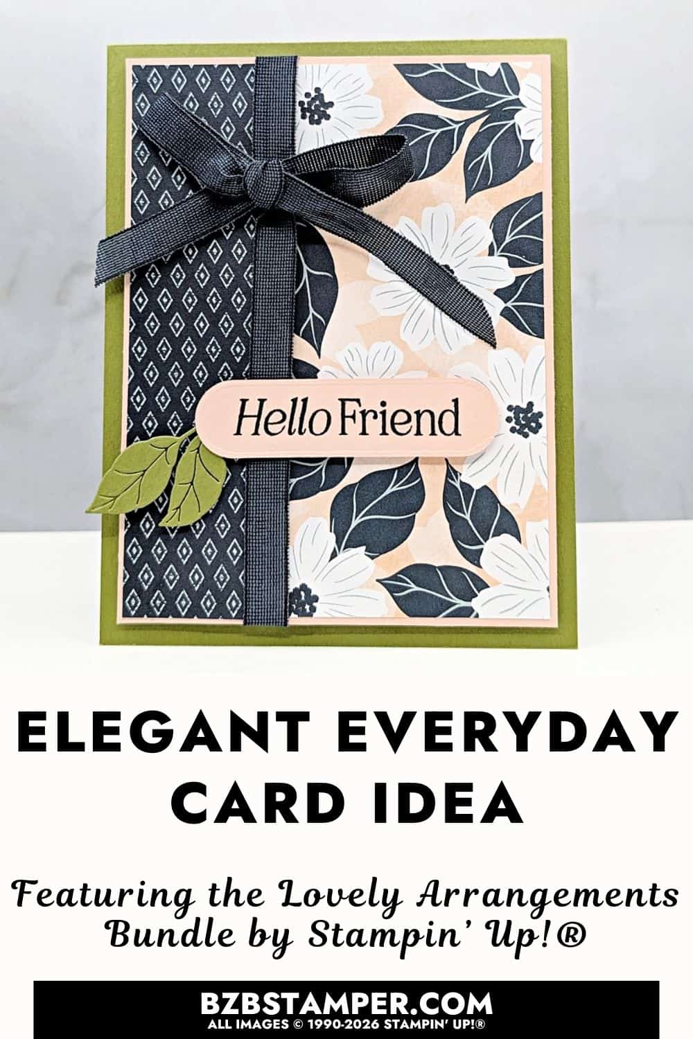 Coffee and a Card with the Lovely Arrangements Bundle features a floral card in Old Olive, Petal Pink, and Secret Sea with designer paper and a navy ribbon bow.