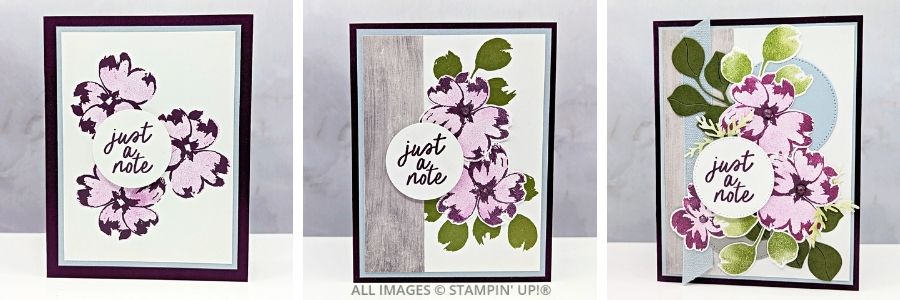 3 Cards using the Petals of Beauty Bundle features three floral handmade cards in Blackberry Bliss, Cloud Cover, and Old Olive with layered stamped blooms, die-cut flowers, ribbon, and shimmer gems arranged in simple to highly dimensional designs.
