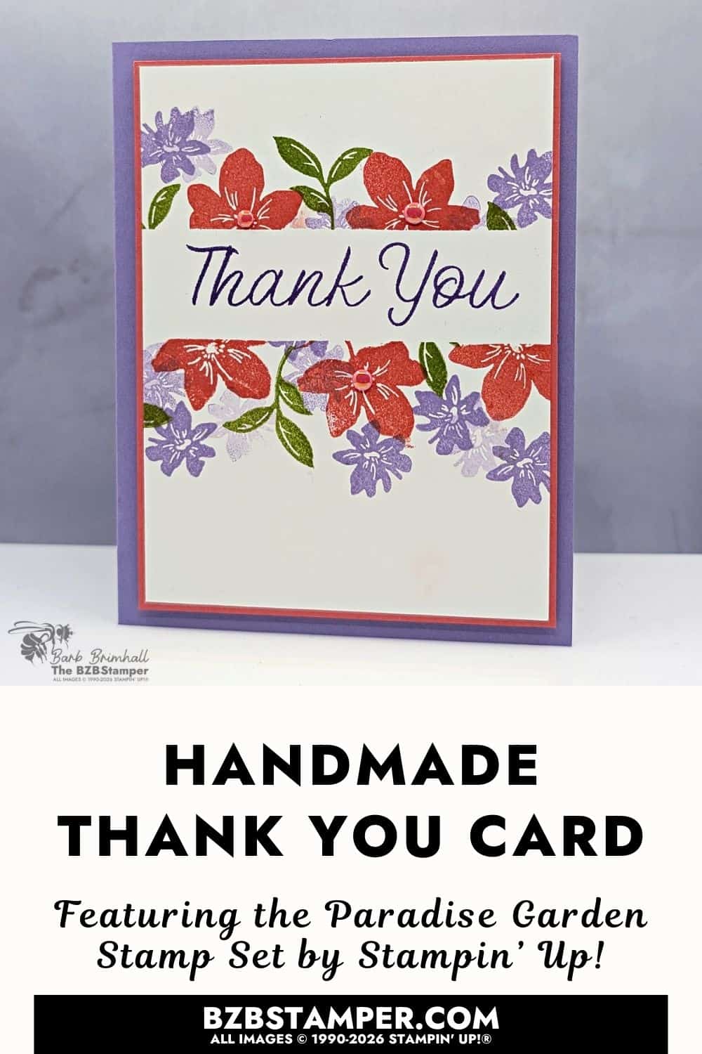 Coffee and a Card with the Paradise Garden Set features a beginner floral thank you card in Highland Heather, Calypso Coral, and Granny Apple Green with pearl accents.