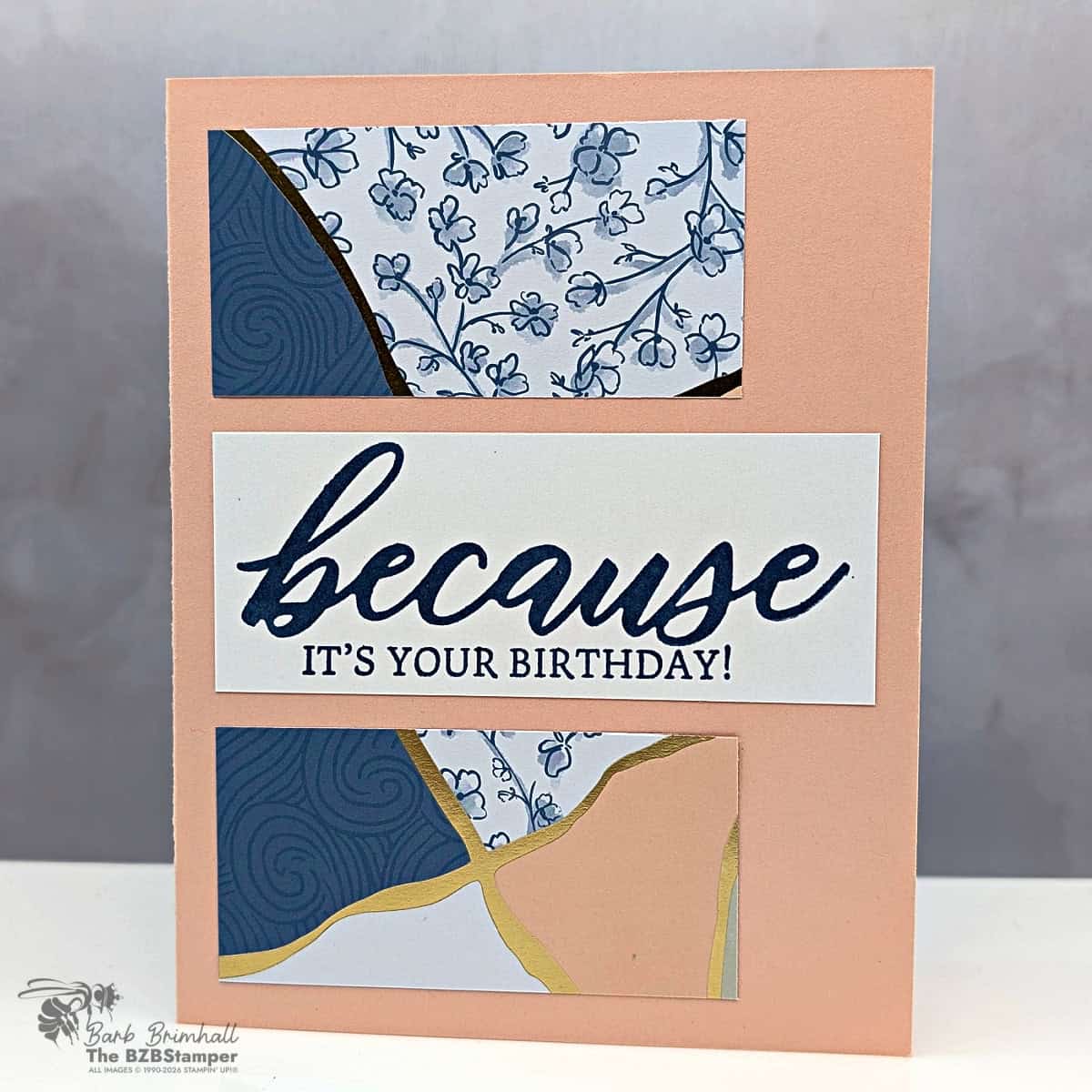 Clean layered handmade card in Petal Pink, Misty Moonlight, and Old Olive featuring Kintsugi inspired designer paper and a single die-cut sentiment label.