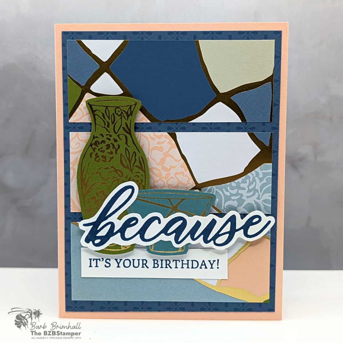 Layered handmade card with multiple die-cut panels in Petal Pink, Misty Moonlight, and Old Olive creating depth and elegant structure.