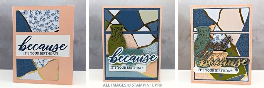 3 Cards using the Words of Beauty Bundle features three elegant handmade cards in Petal Pink, Misty Moonlight, and Old Olive with gold foil accents and layered die-cut labels.