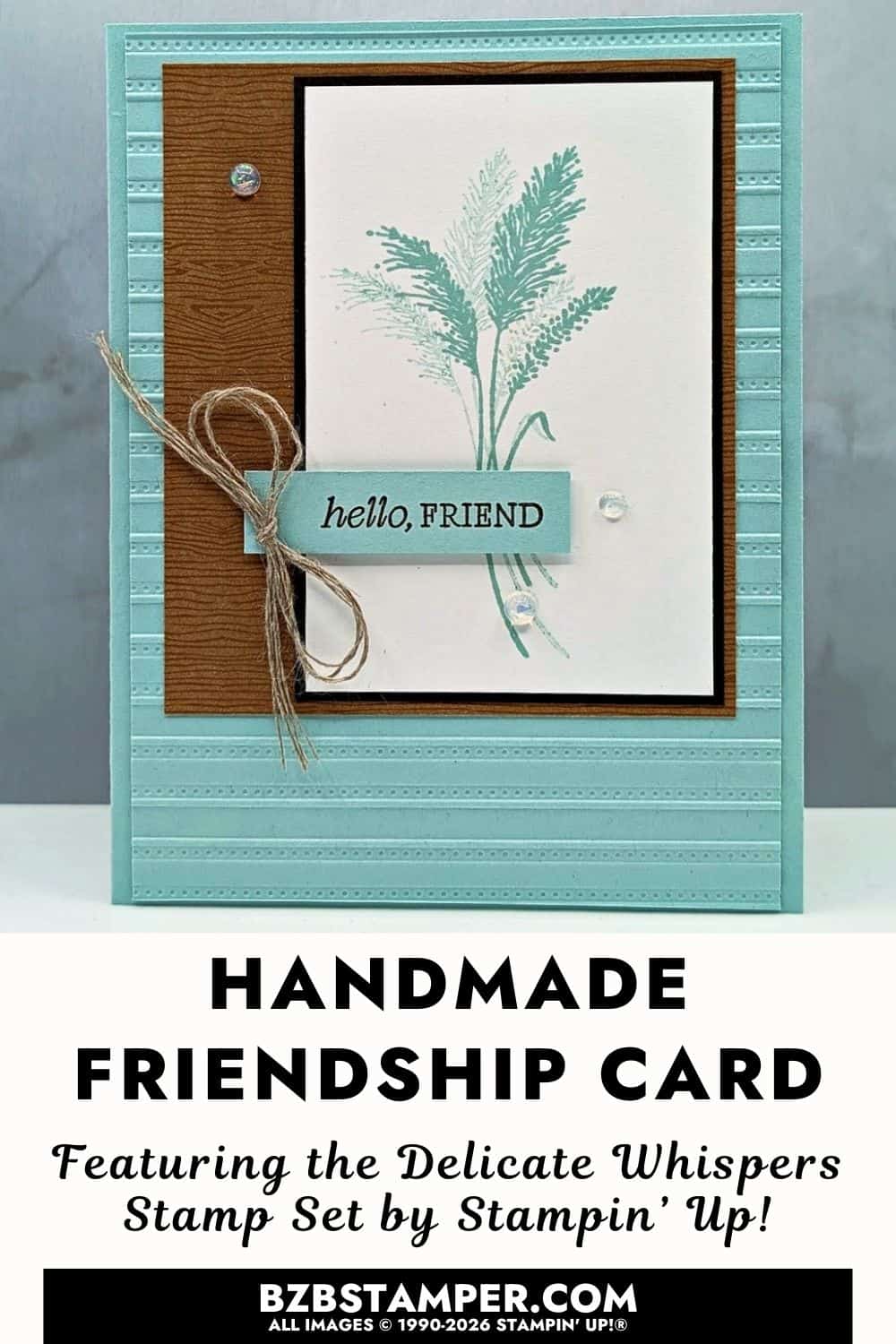 Coffee and a Card with the Delicate Whispers Set features a friendship card in Pool Party, Pecan Pie, and Early Espresso with wood grain paper, striped embossing, and opal embellishments.