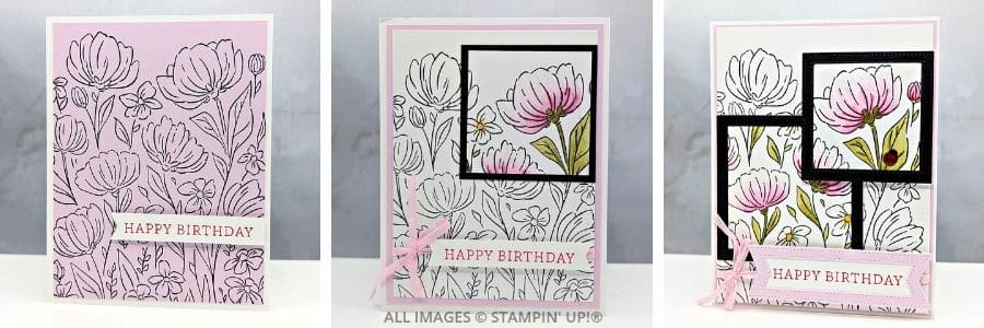 3 Cards using the Flowers Fair Stamp Set features three handmade thank you cards in Timid Tiger, Calypso Coral, and Old Olive with layered floral stamping and stitched shapes from the Stylish Shapes Dies.