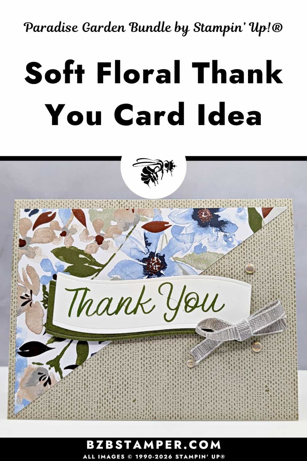 Coffee and a Card with the Paradise Garden Bundle features an elegant thank you card with botanical die cuts, Delicate Dreams designer paper, linen texture stamping, pearls, and Gray Granite ribbon.