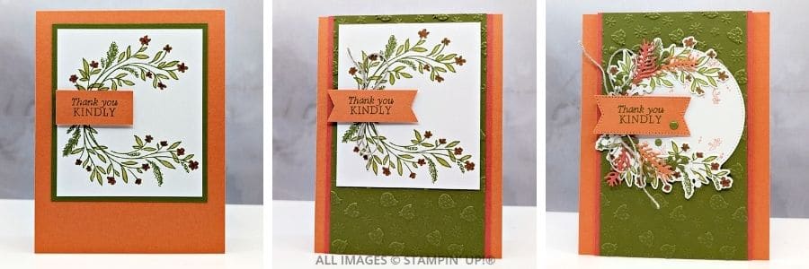 3 Cards using the Delicate Whispers Bundle features three handmade thank you cards with delicate botanical stamping, layered die-cut foliage, textured embossing, and glossy embellishments in Timid Tiger, Calypso Coral, and Old Olive.
