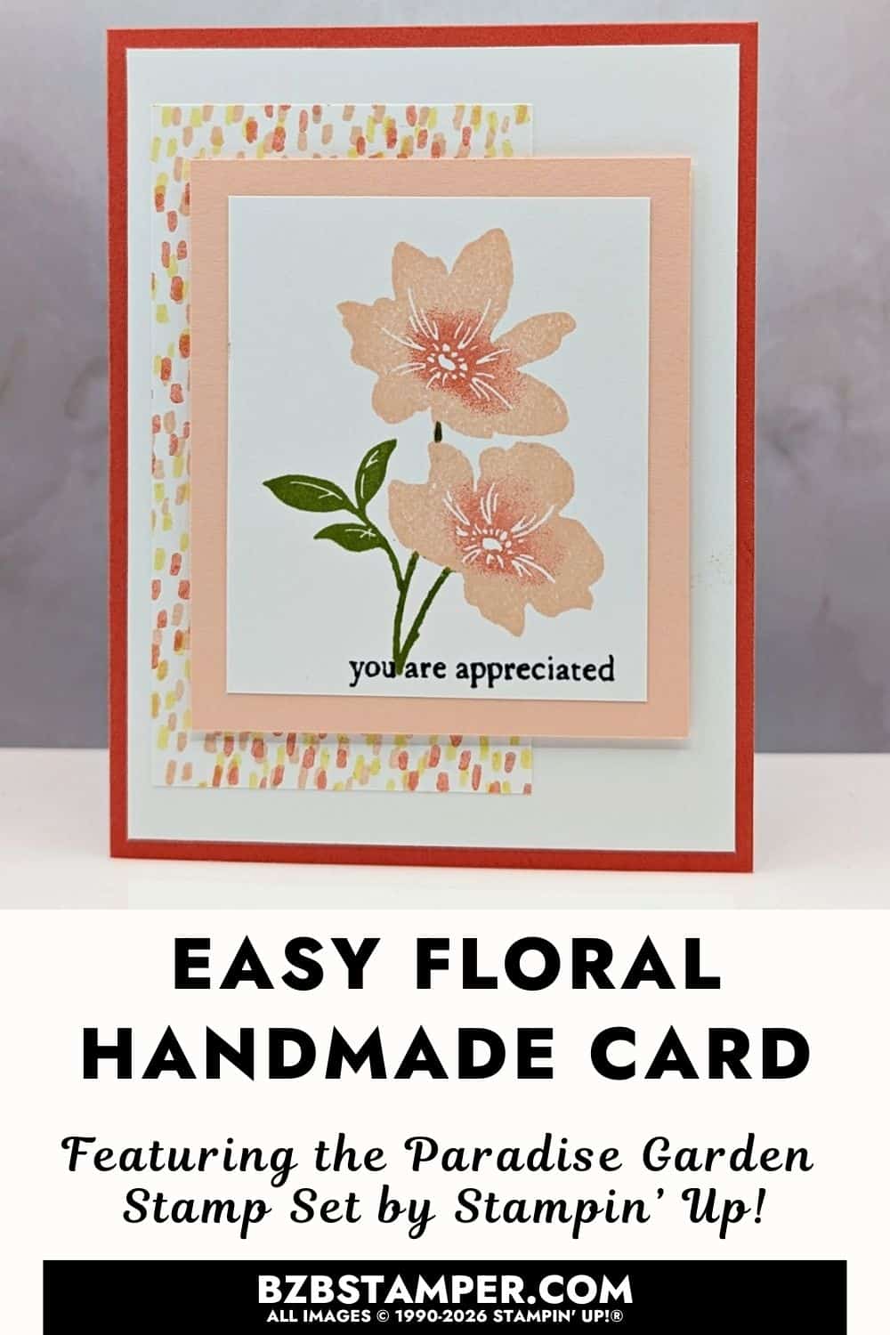 Coffee and a Card with the Paradise Garden Stamp Set features a beginner-friendly thank you card with soft Petal Pink flowers, Old Olive leaves, layered designer paper, and a Calypso Coral card base.