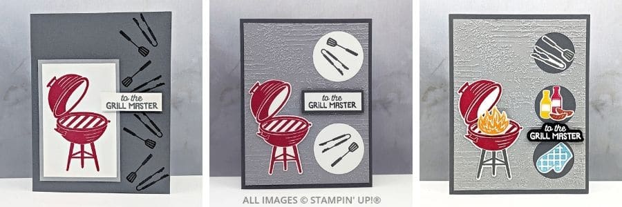3 Cards using the BBQ Master Bundle features three masculine handmade cards in gray and red tones, including a simple stamped grill design, an embossed background with layered circles, and a detailed BBQ scene with die-cut food, tools, and flames.