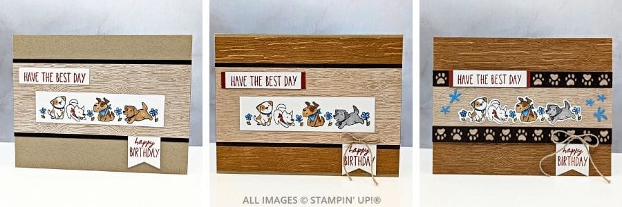 3 Cards using the Cutest Crew Bundle features three pet-themed birthday cards with stamped and colored dogs, layered backgrounds, and playful accents.