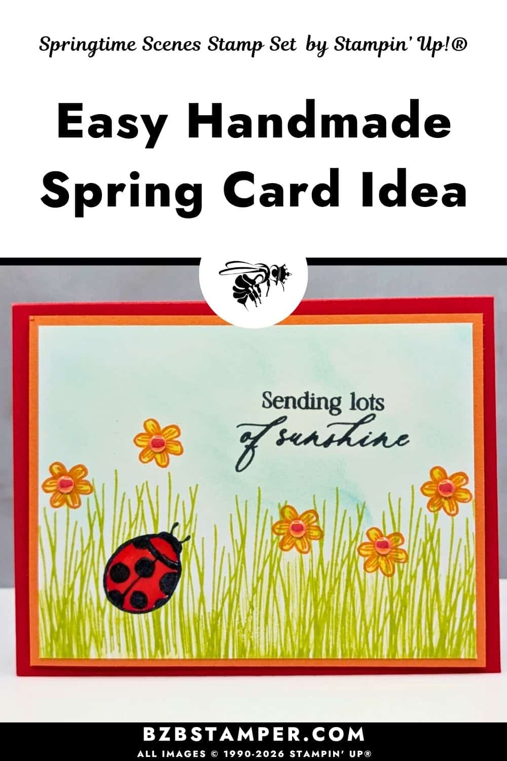 Coffee and a Card with Springtime Scenes Stamp Set features a bright spring card with a ladybug, flowers, and grassy background