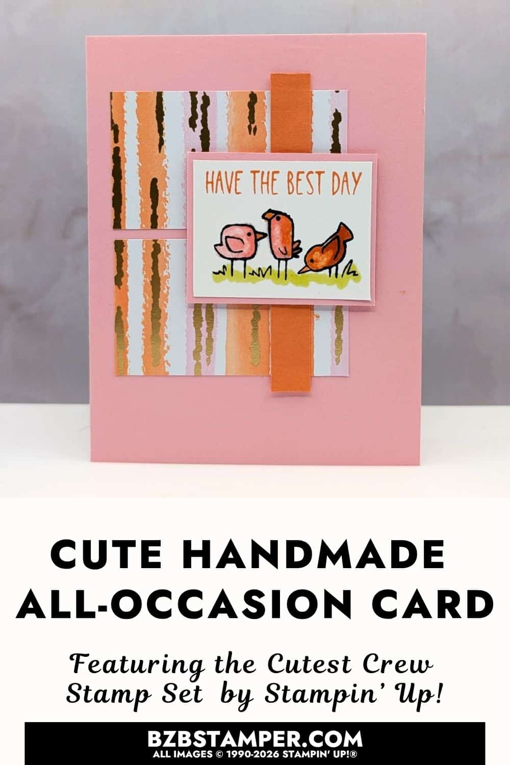 Easy Cutest Crew Card for Today's Coffee and a Card features a pink card with birds, striped designer paper, and soft blended coloring