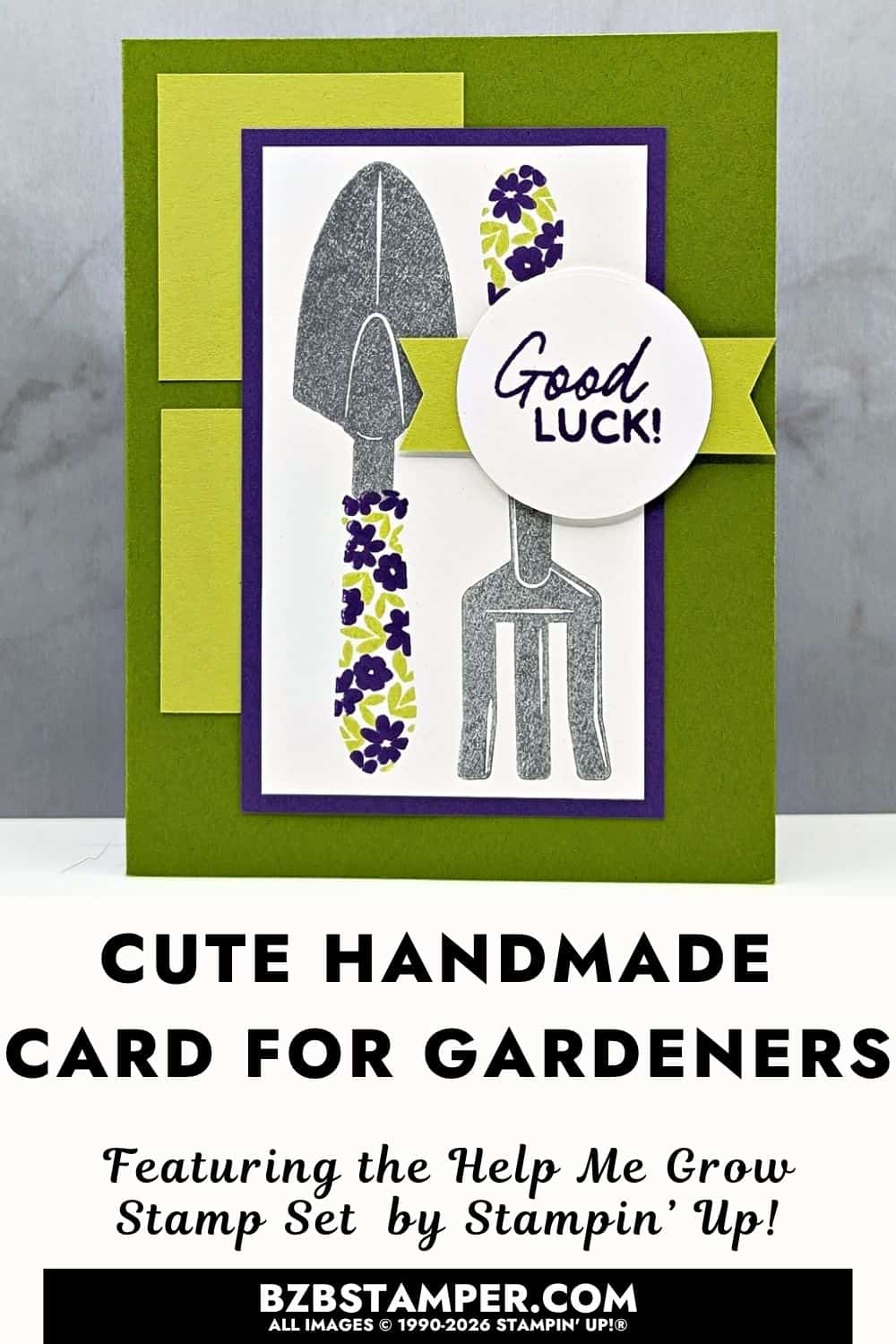 Beginner Card with the Help Me Grow Stamp Set 5 Beginner Card with the Help Me Grow Stamp Set features a garden-themed card with tools, floral accents, and a bold green and purple color combo