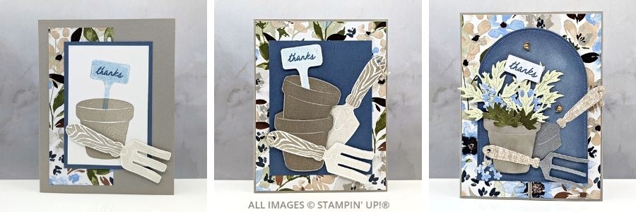 3 Cards Featuring the Help Me Grow Bundle features three garden-themed cards from simple to advanced with layered die cuts and floral paper