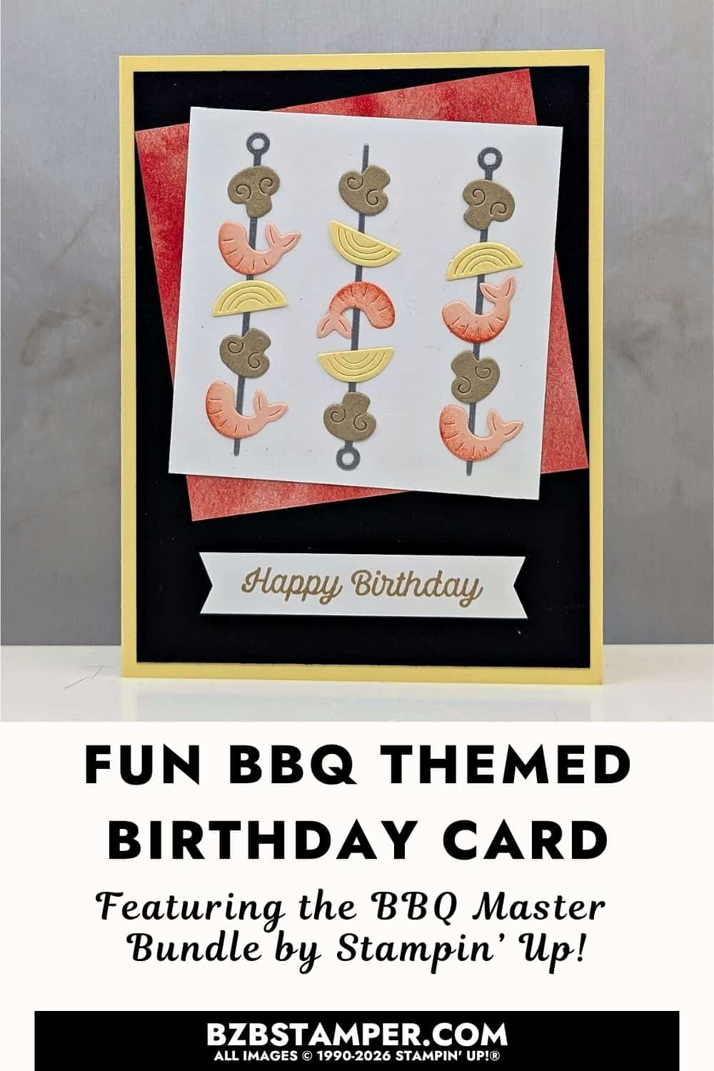 BBQ Master Bundle Birthday Card Idea features a handmade card with Stampin&rsquo; Up!&reg; BBQ Master Bundle and metallic die cuts