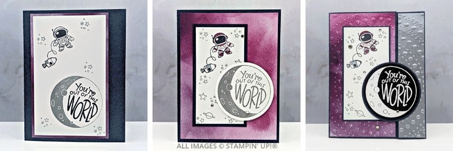 3 Cards using the Moon and Back Stamp Set features handmade cards with Stampin&rsquo; Up!&reg; Moon and Back Stamp Set in a step-up design series
