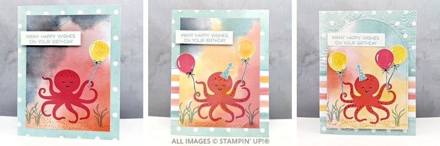 3 Cards using the Thoughtful Octopus Stamp Set 2 3 Cards using the Thoughtful Octopus Stamp Set features handmade birthday cards using the Stampin’ Up!® Thoughtful Octopus Stamp Set with playful ocean-themed images and layered card designs.