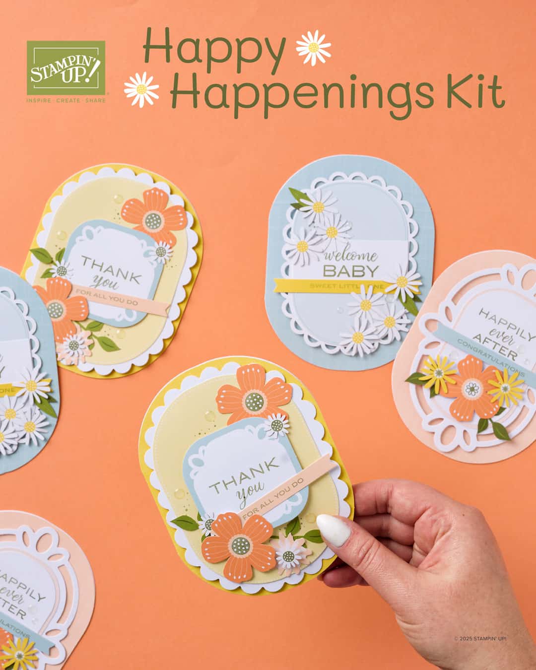 Easy Handmade Cards with the Happy Happenings Kit featuring oval handmade cards in soft pastel colors for baby, wedding, and thank you occasions with layered floral embellishments and coordinating envelopes.