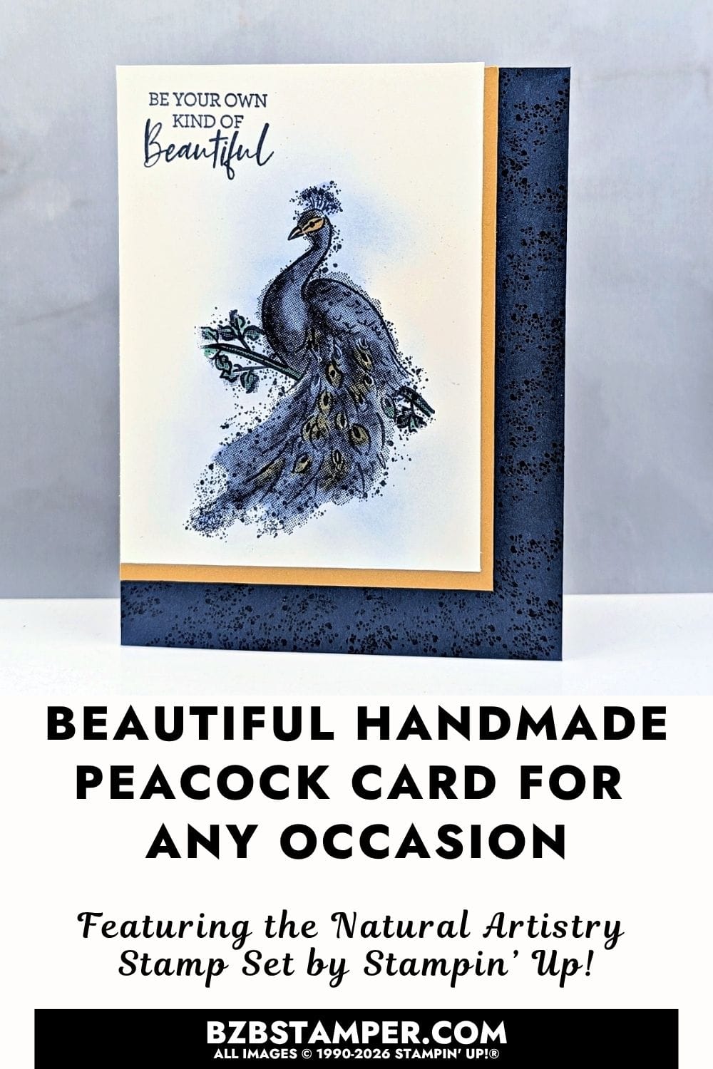 Easy Peacock Card Idea with Natural Artistry Stamps features a handmade card with Stampin&rsquo; Up!&reg; Natural Artistry Stamp Set, Distinktive peacock image, sponged background, and blended details.