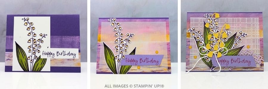 3 Cards using the Lily of the Valley Bundle features handmade birthday cards using Stampin&rsquo; Up!&reg; Lily of the Valley Bundle with Scenic Coast Designer Series Paper and layered floral designs