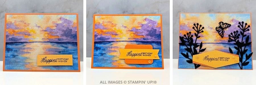 3 Cards using the Phrases and Frames Stamp Set features handmade card designs using Stampin&rsquo; Up!&reg; Phrases and Frames Stamp Set with scenic sunset paper