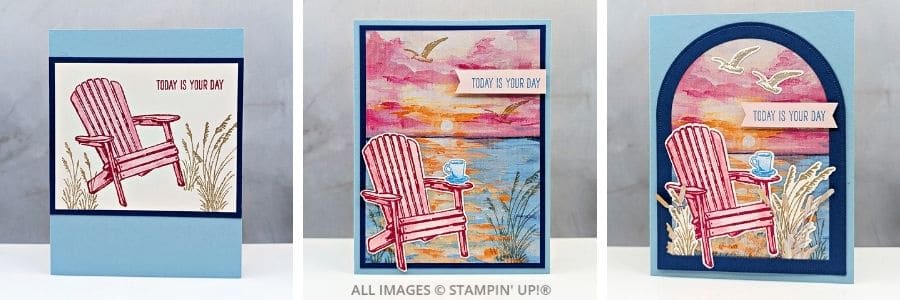 3 Cards using the Relaxing Waterside Bundle features handmade card designs with Stampin&rsquo; Up!&reg; Relaxing Waterside Bundle, Scenic Coast Designer Series Paper, and coastal sunset scenes