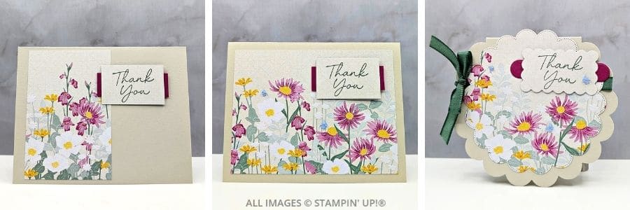 3 Cards using the Scalloped Blooms Bundle features handmade thank you cards using Stampin&rsquo; Up!&reg; Scalloped Blooms Bundle with Velvet Meadow Designer Series Paper