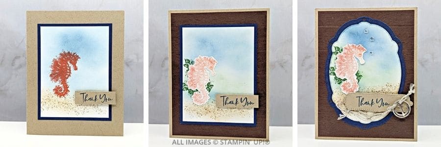 3 Cards using the Natural Artistry Stamp Set features handmade thank you cards using the Stampin' Up!&reg; Natural Artistry Stamp Set with a seahorse design in three stepped-up versions.