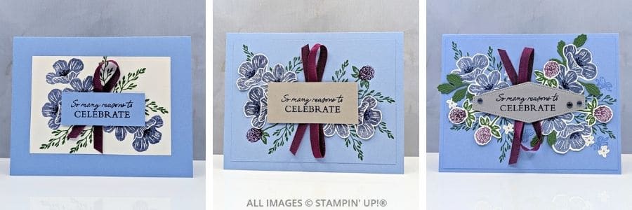 3 Cards using the Flowering Meadow Bundle 1 3 Cards using the Flowering Meadow Bundle features three handmade Stampin' Up!® floral cards showcasing the Flowering Meadow Bundle with layered flowers, elegant die cuts, and Hydrangea Hue, Night of Navy, Garden Green, and Blackberry Bliss.