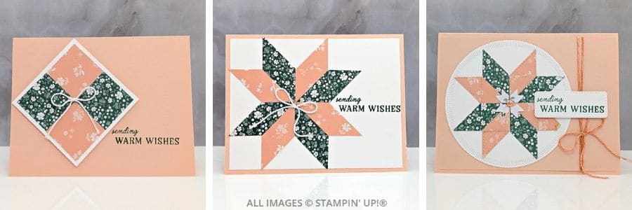 Three quilt-inspired all-occasion cards made with the Stitched Stockings Bundle and Bloom Boutique Specialty Designer Series Paper.